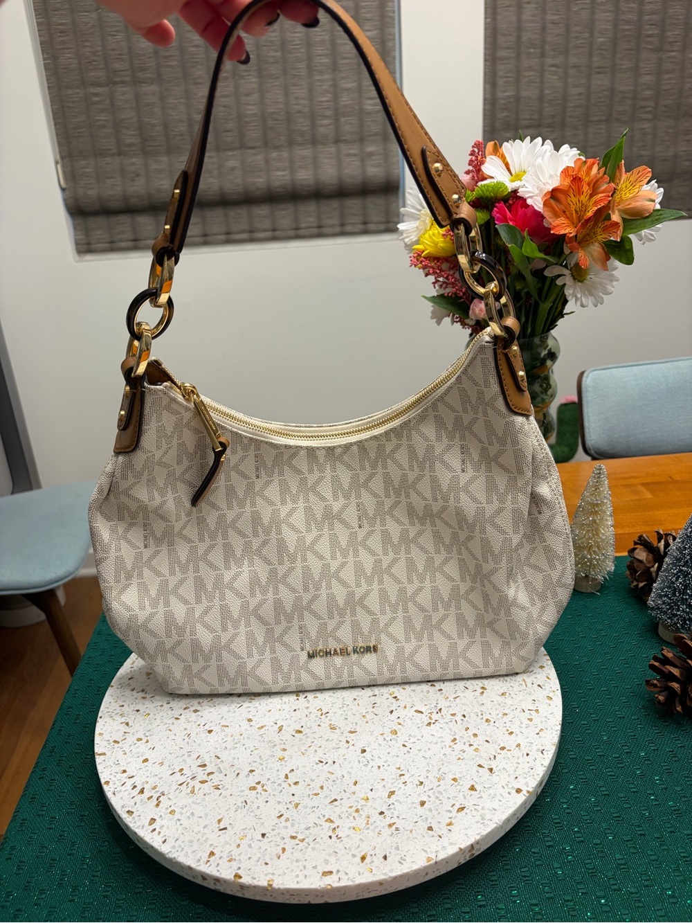 Michael Kors Cream MK Monogram Shoulder Bag with Tan Leather Strap